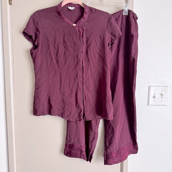 Vintage Burgundy Silk Capri and Short Sleeve Blouse Set - Picture 1 of 7
